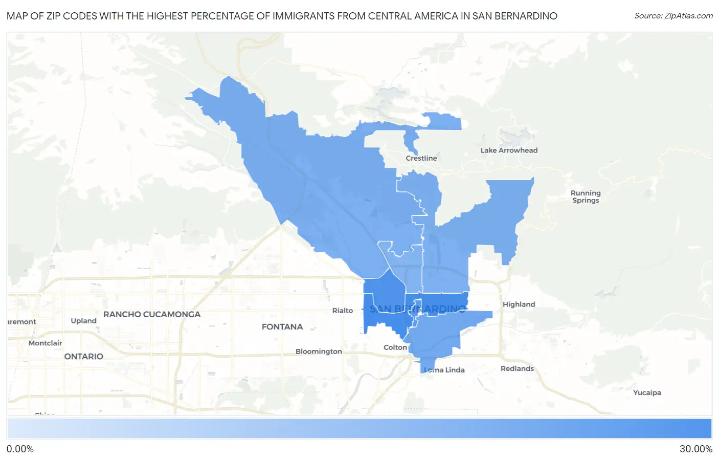 Zip Codes with the Highest Percentage of Immigrants from Central America in San Bernardino Map