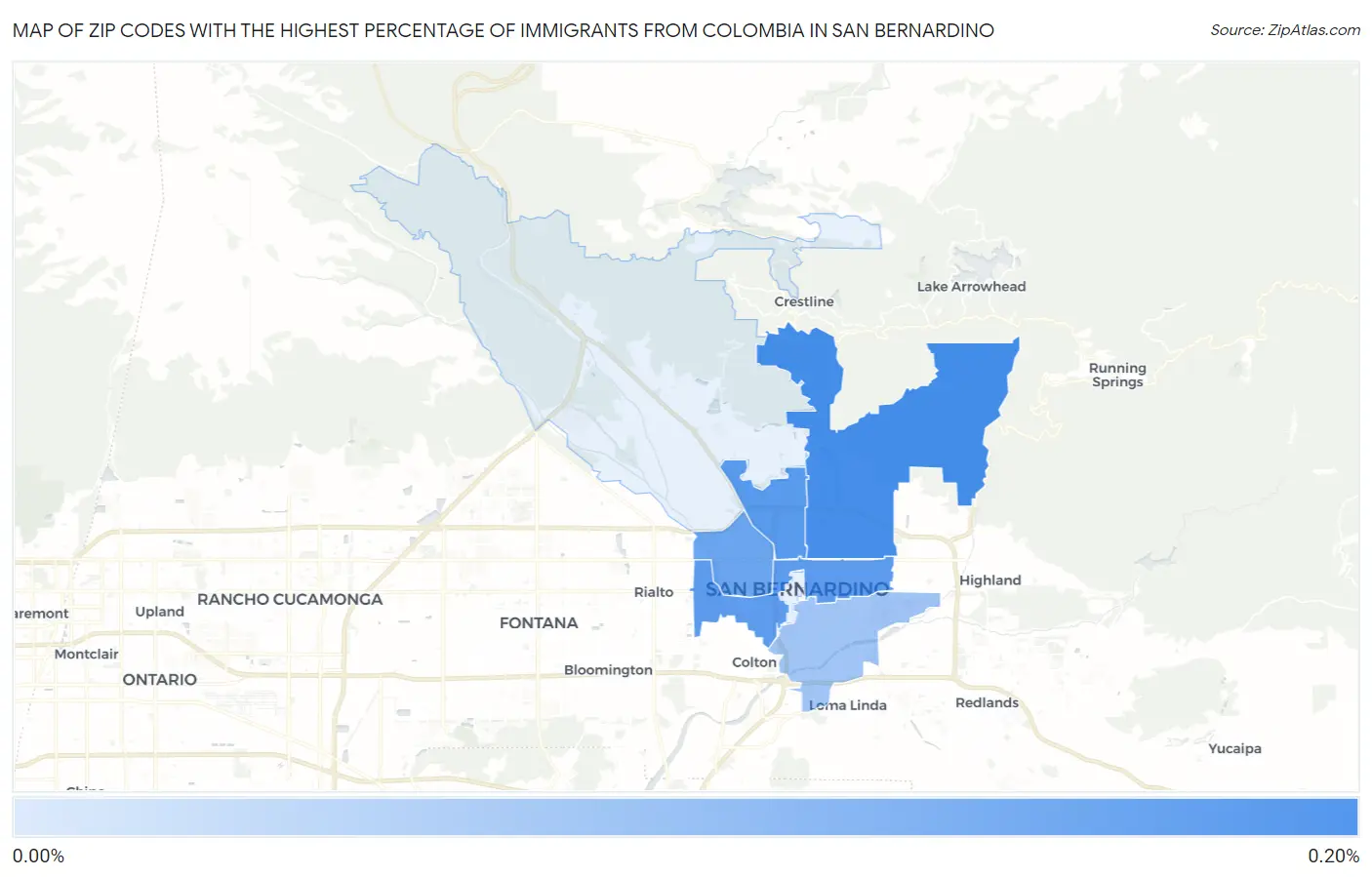 Zip Codes with the Highest Percentage of Immigrants from Colombia in San Bernardino Map