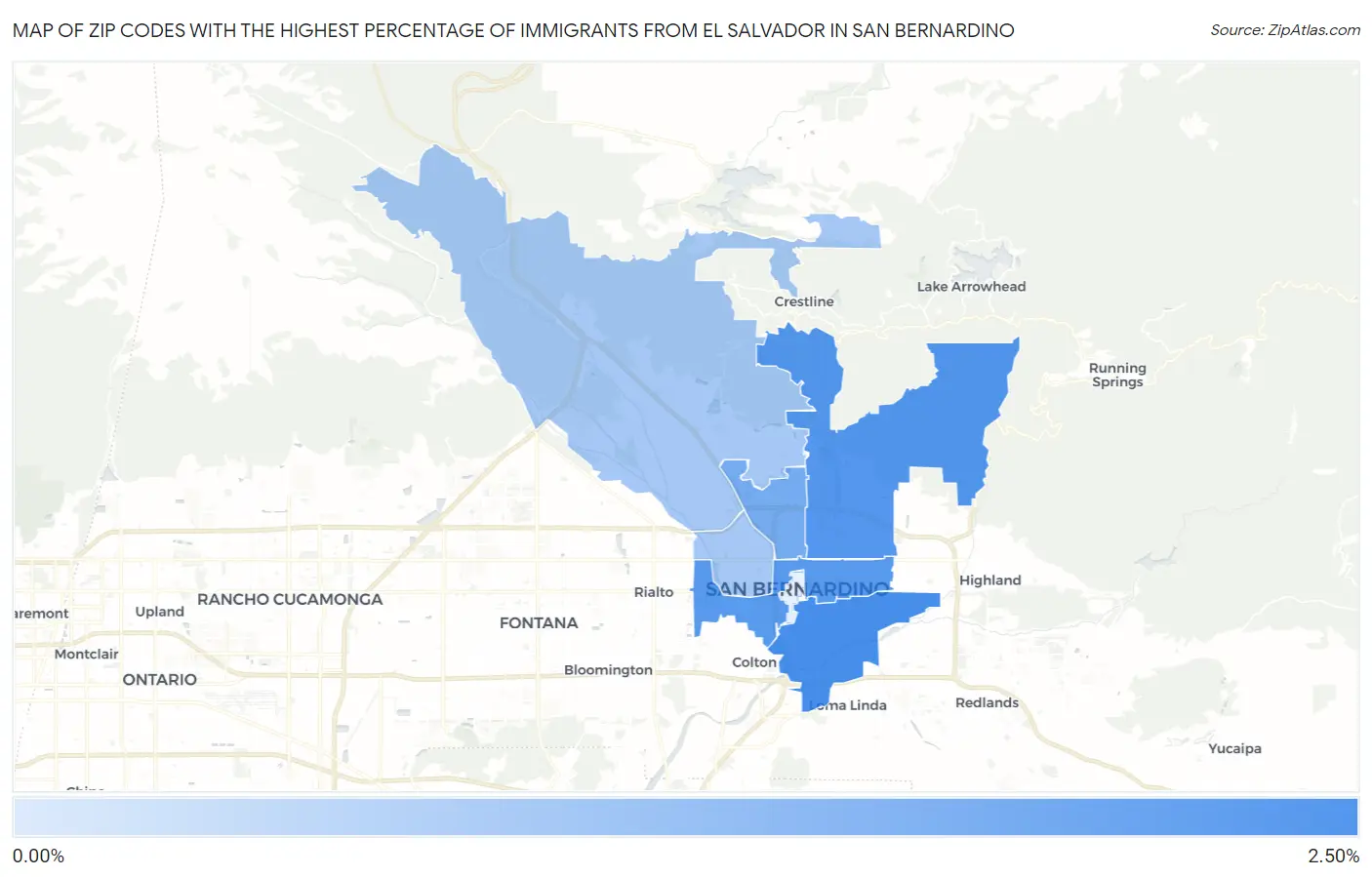 Zip Codes with the Highest Percentage of Immigrants from El Salvador in San Bernardino Map