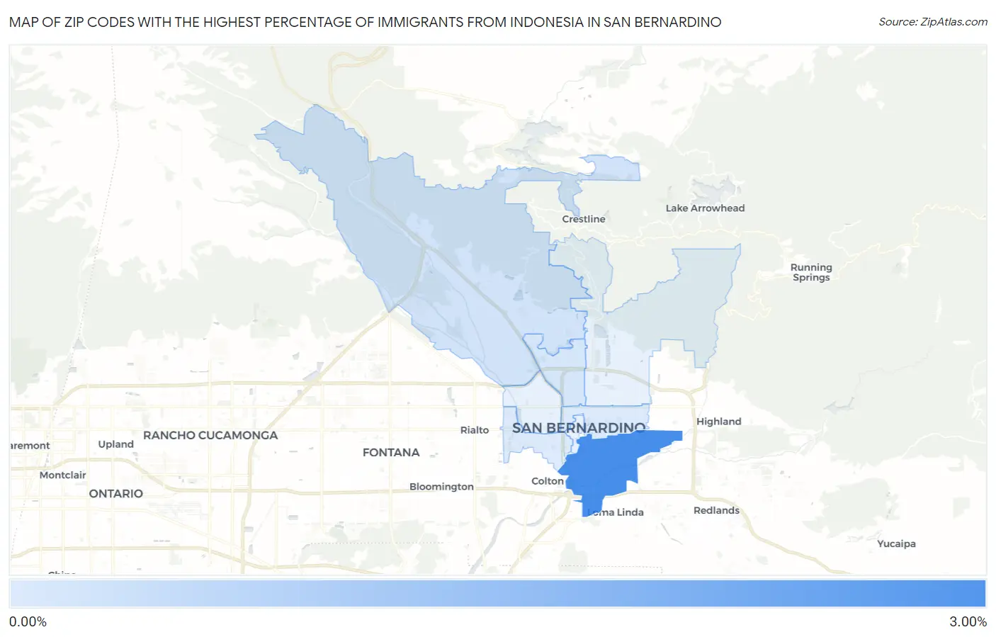 Zip Codes with the Highest Percentage of Immigrants from Indonesia in San Bernardino Map