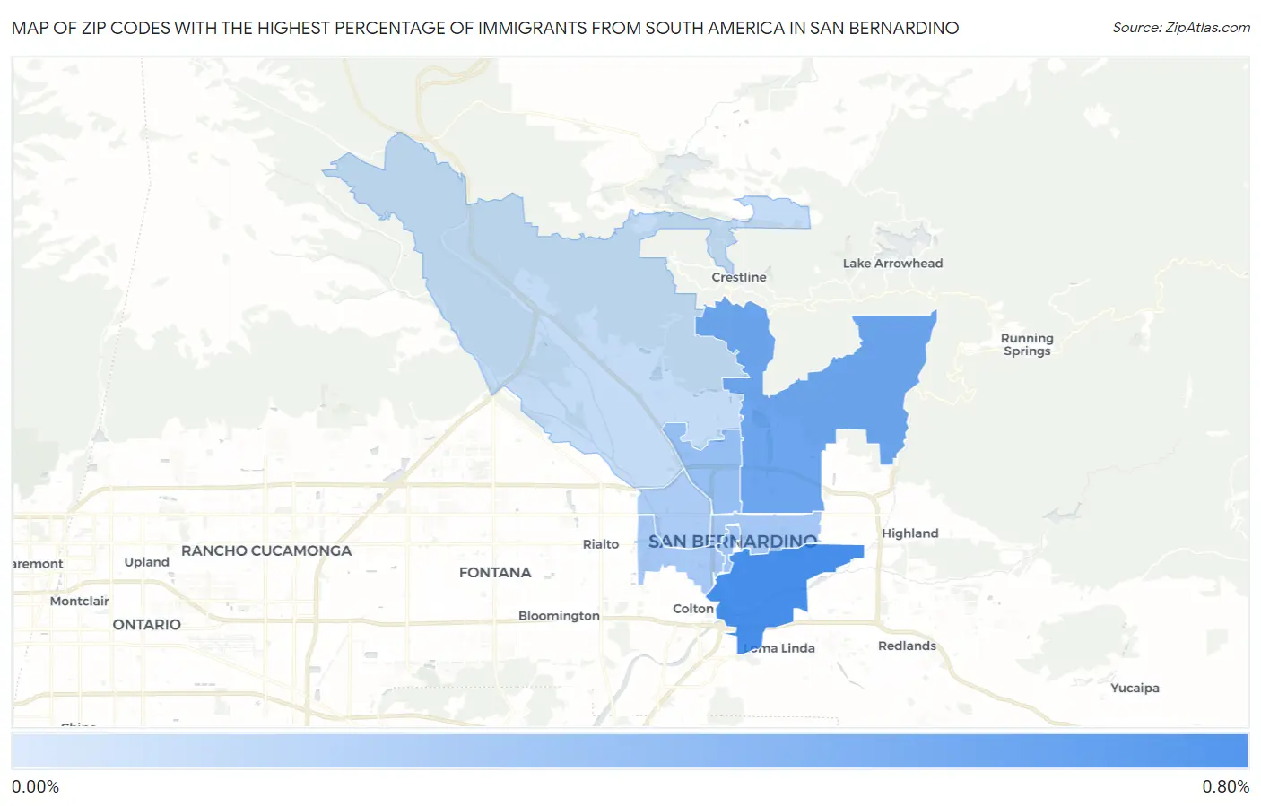 Zip Codes with the Highest Percentage of Immigrants from South America in San Bernardino Map