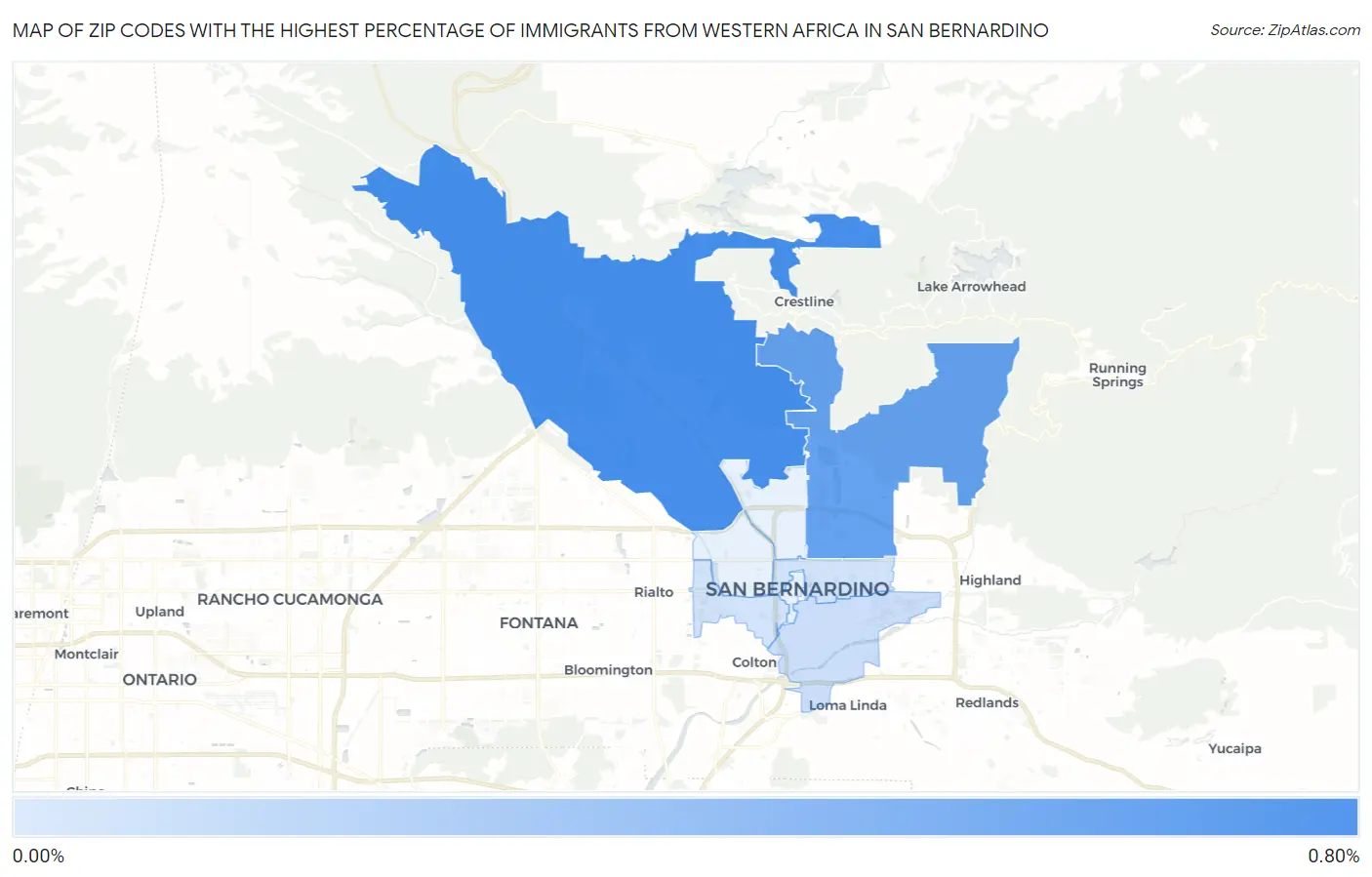 Zip Codes with the Highest Percentage of Immigrants from Western Africa in San Bernardino Map