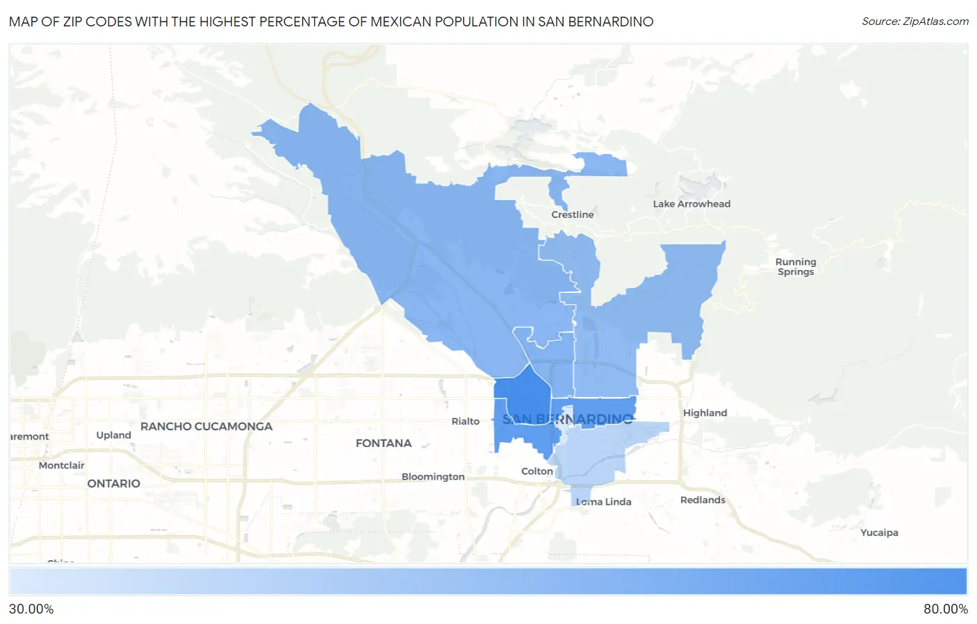 Zip Codes with the Highest Percentage of Mexican Population in San Bernardino Map