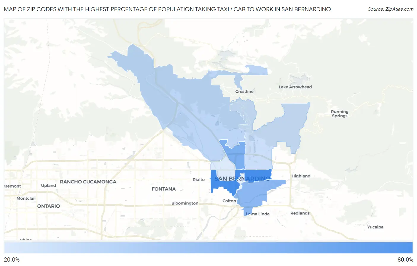 Zip Codes with the Highest Percentage of Population Taking Taxi / Cab to Work in San Bernardino Map