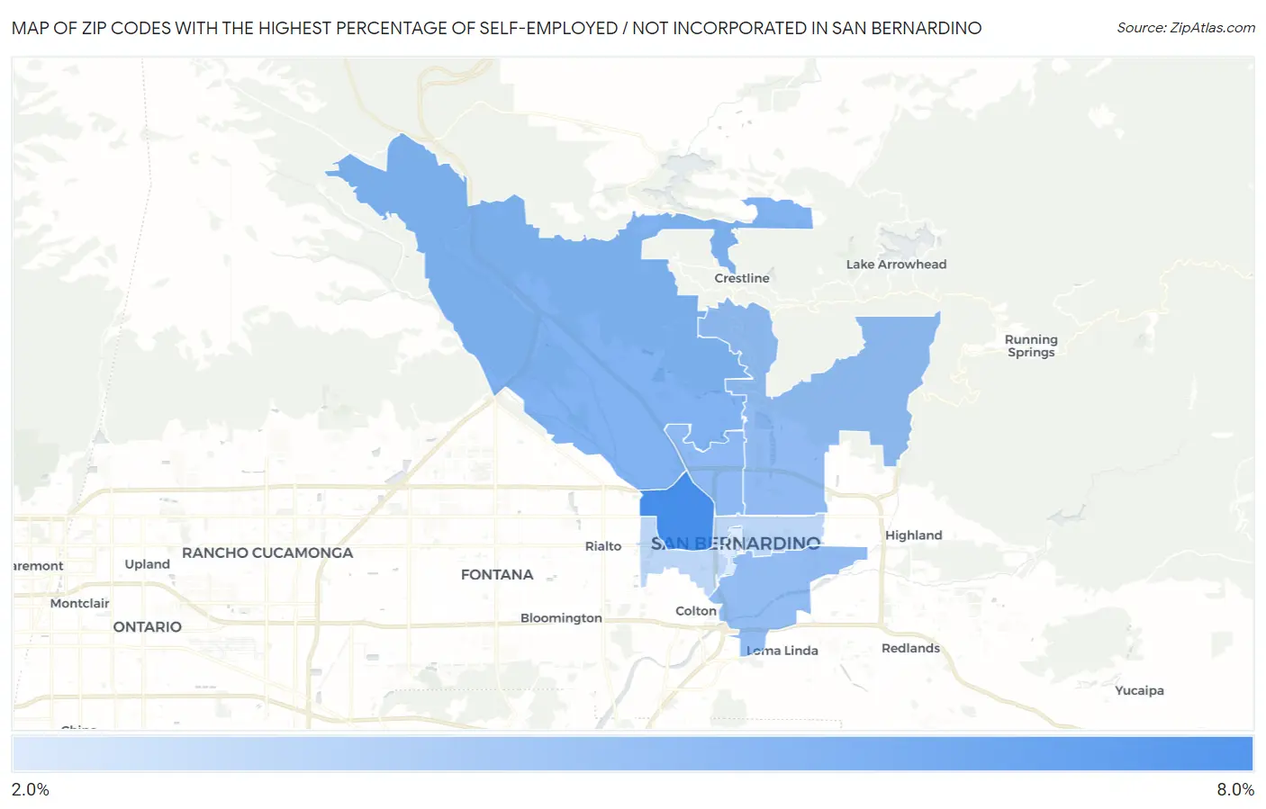 Zip Codes with the Highest Percentage of Self-Employed / Not Incorporated in San Bernardino Map