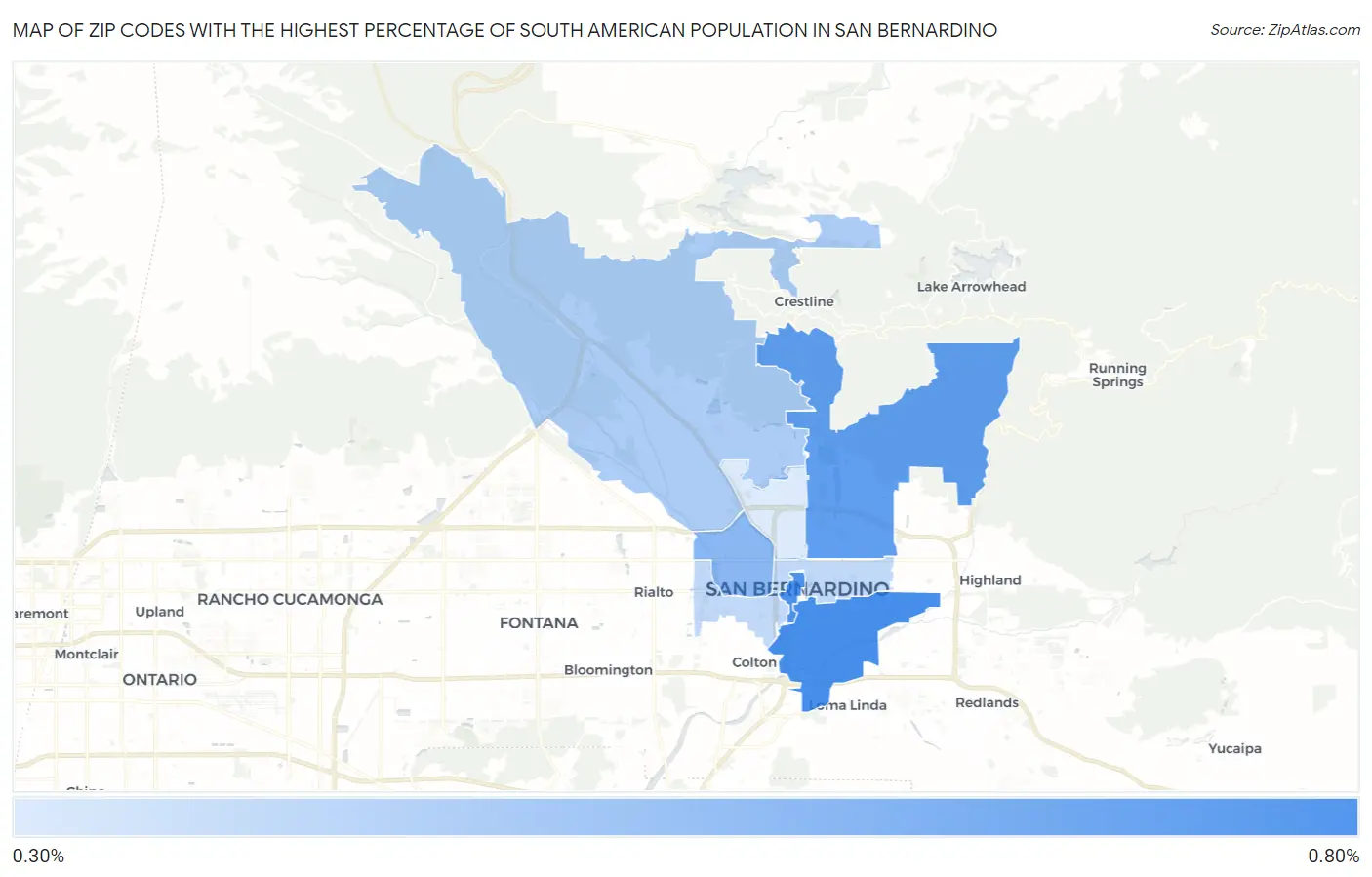 Zip Codes with the Highest Percentage of South American Population in San Bernardino Map