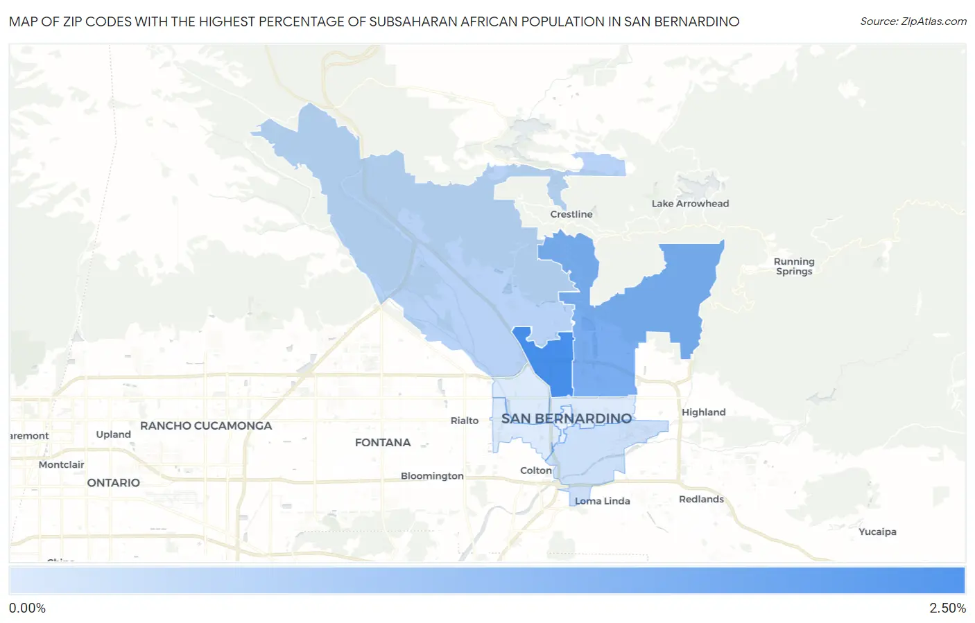 Zip Codes with the Highest Percentage of Subsaharan African Population in San Bernardino Map