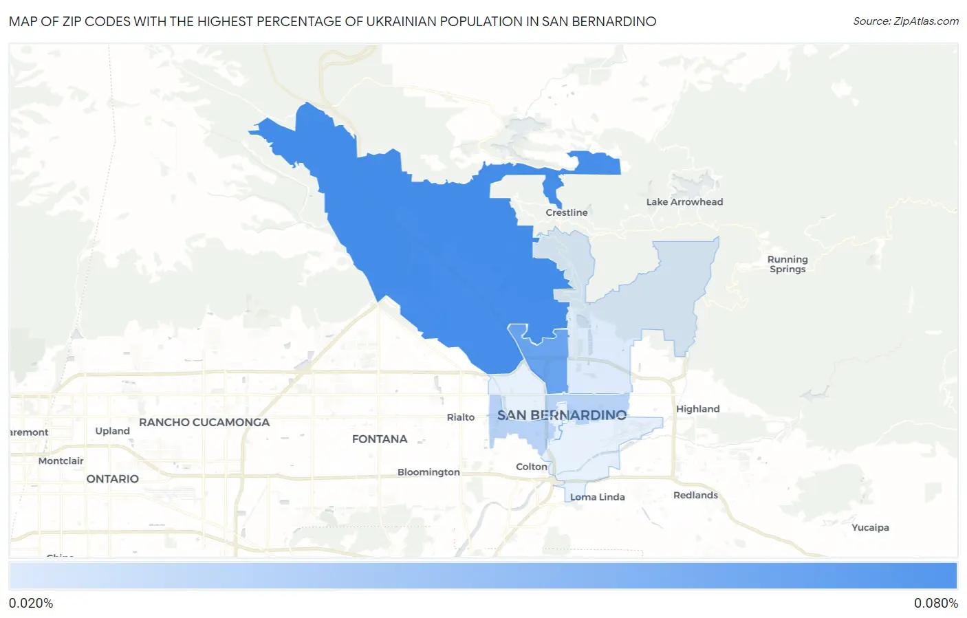 Zip Codes with the Highest Percentage of Ukrainian Population in San Bernardino Map