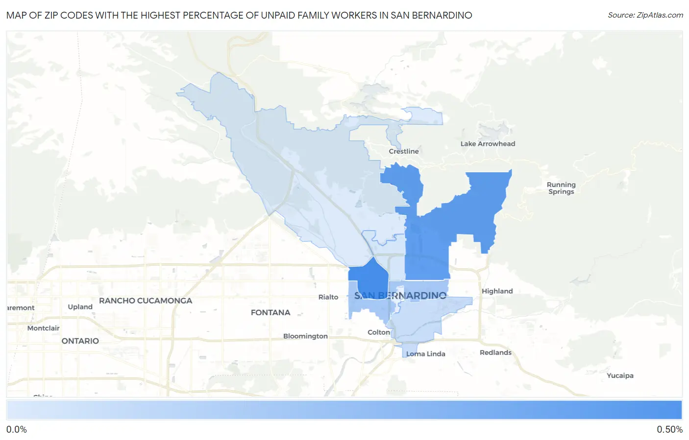 Zip Codes with the Highest Percentage of Unpaid Family Workers in San Bernardino Map