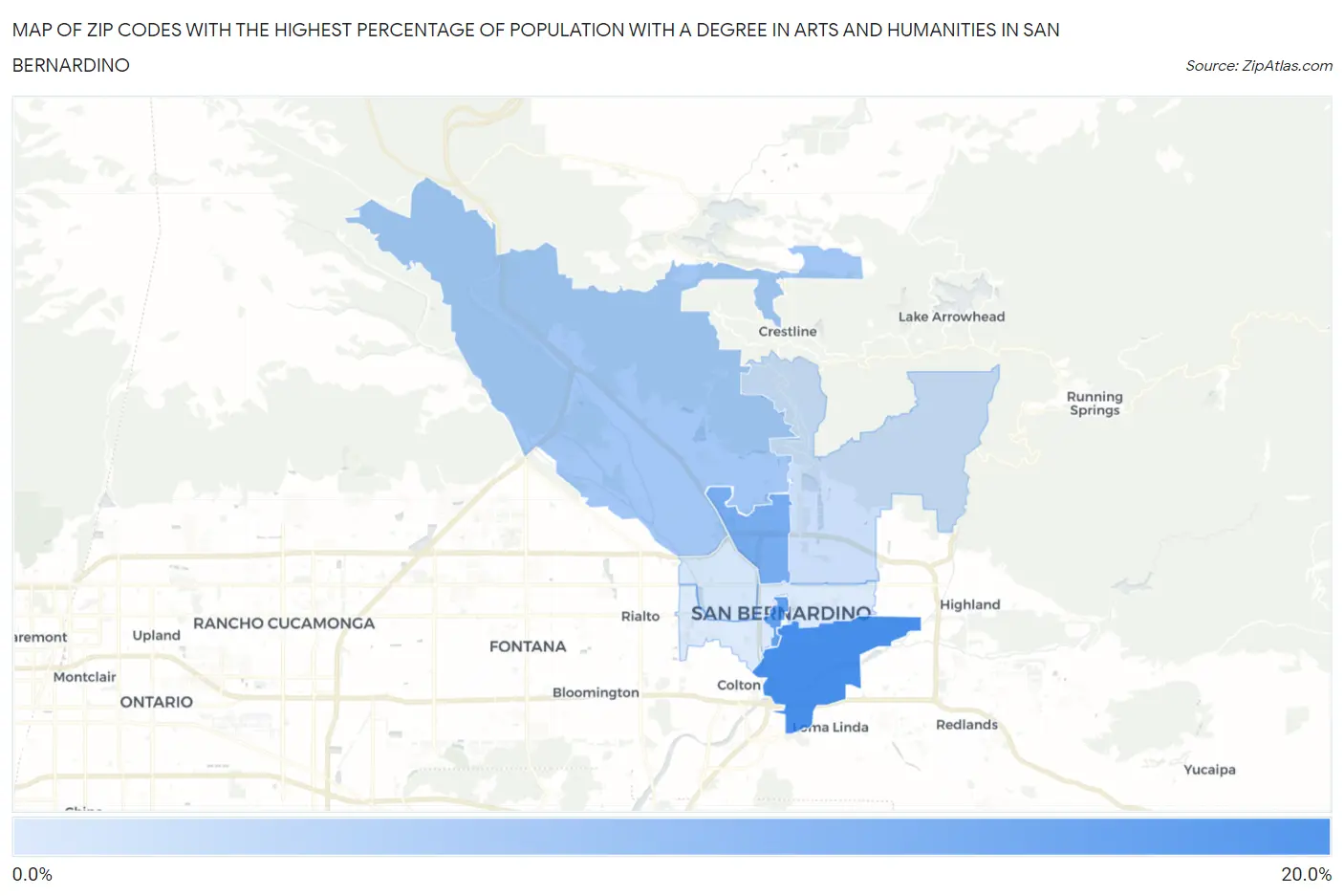 Zip Codes with the Highest Percentage of Population with a Degree in Arts and Humanities in San Bernardino Map