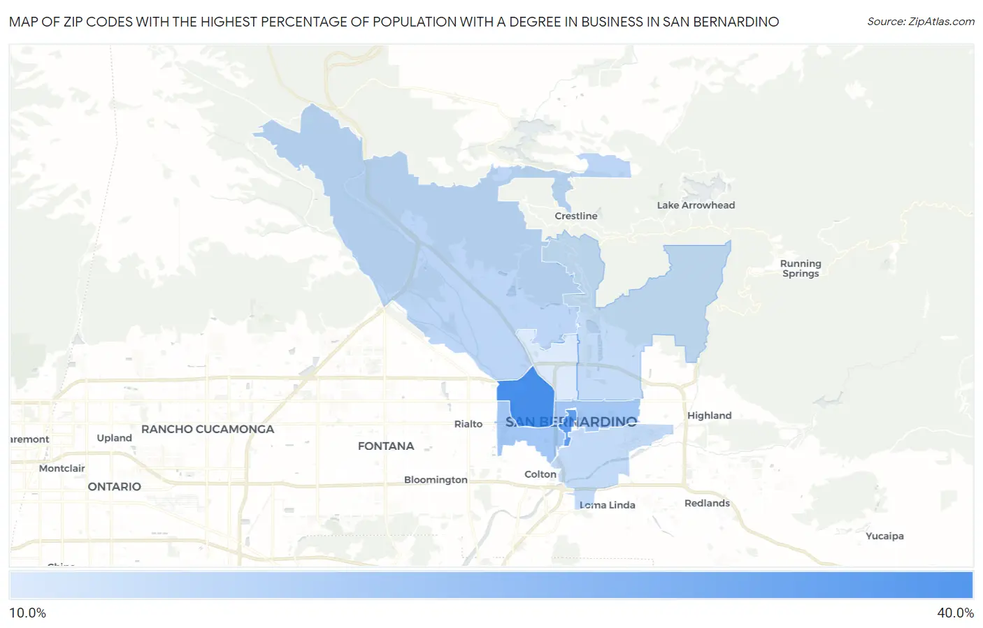 Zip Codes with the Highest Percentage of Population with a Degree in Business in San Bernardino Map