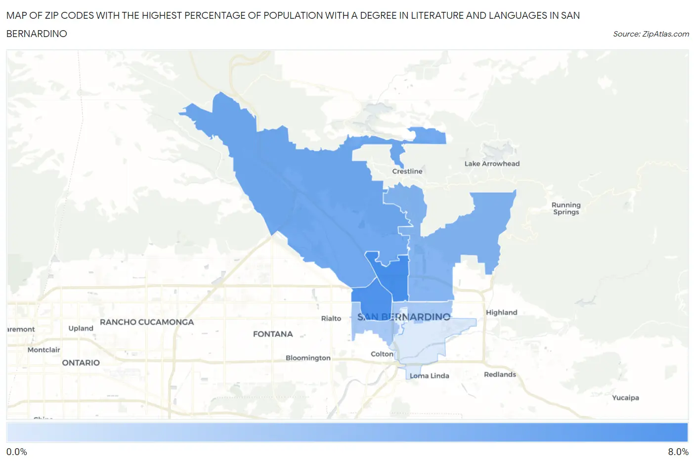 Zip Codes with the Highest Percentage of Population with a Degree in Literature and Languages in San Bernardino Map
