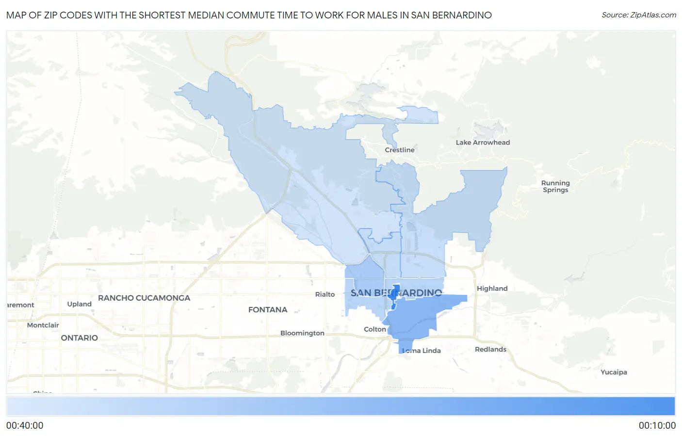 Zip Codes with the Shortest Median Commute Time to Work for Males in San Bernardino Map