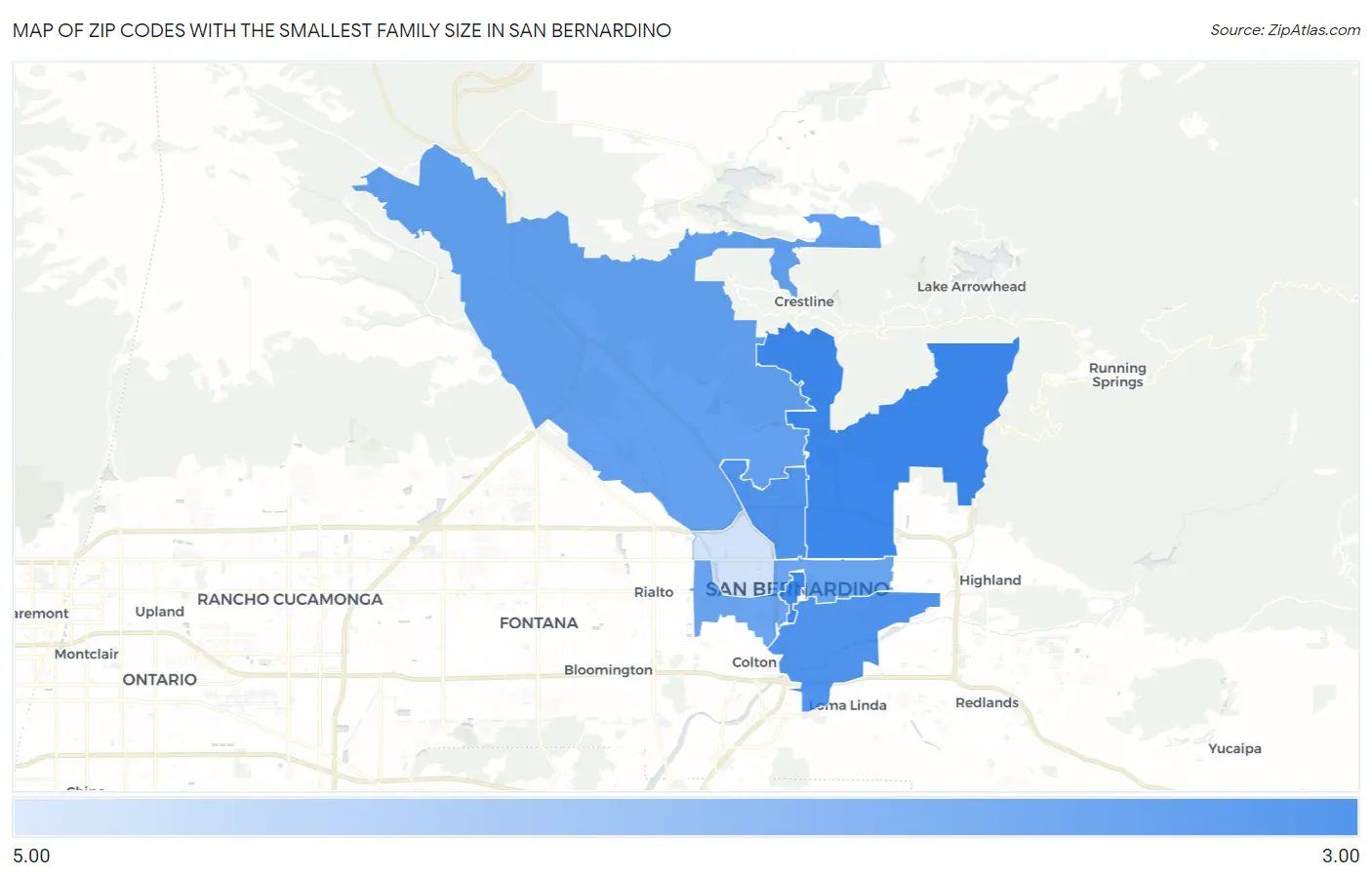Zip Codes with the Smallest Family Size in San Bernardino Map