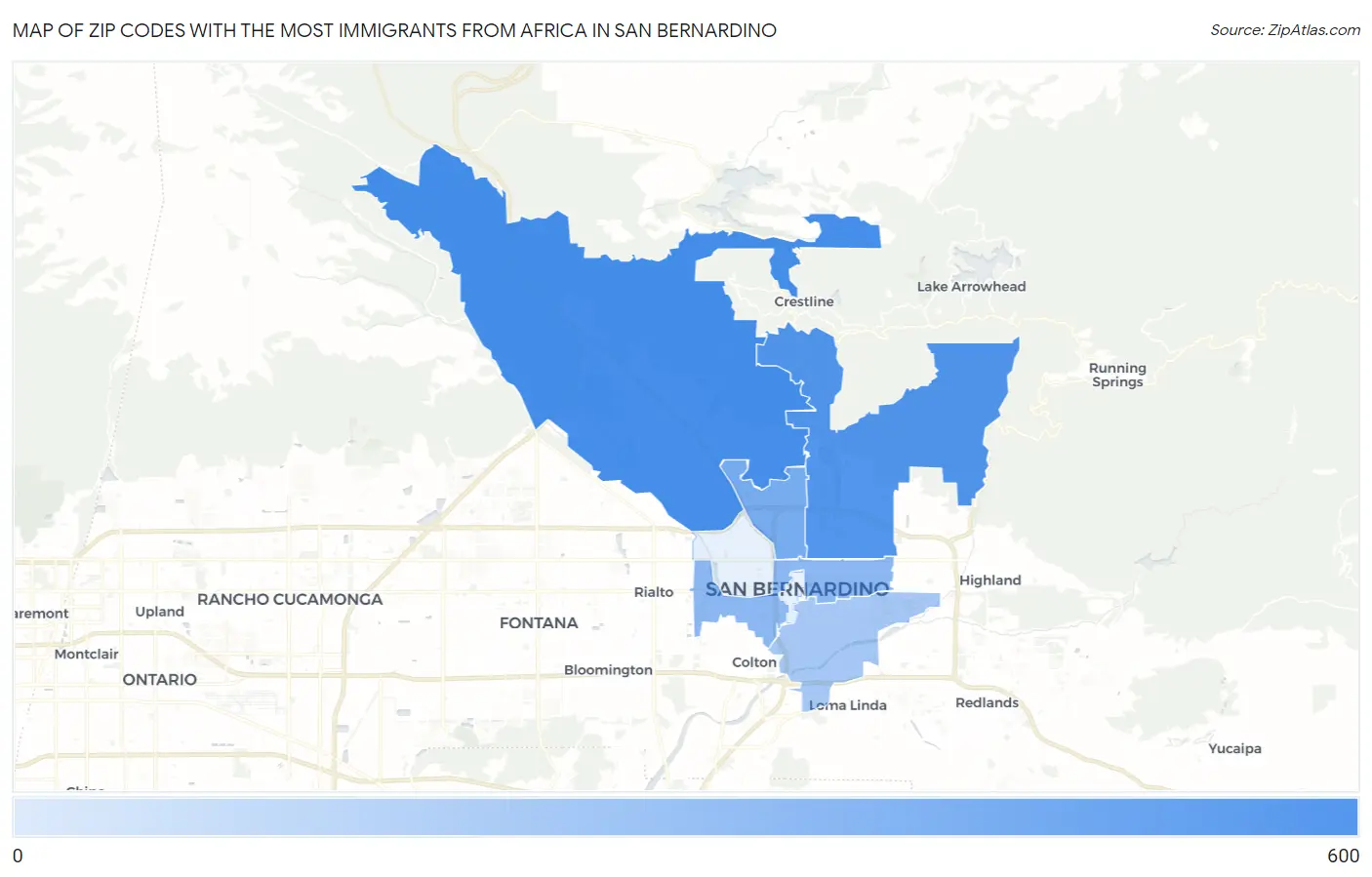 Zip Codes with the Most Immigrants from Africa in San Bernardino Map