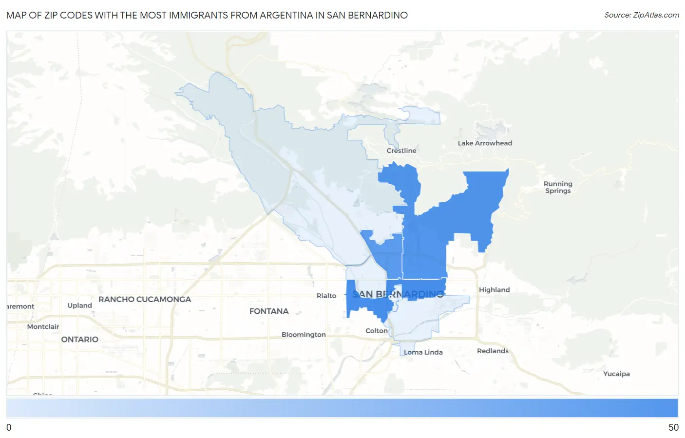 Zip Codes with the Most Immigrants from Argentina in San Bernardino Map