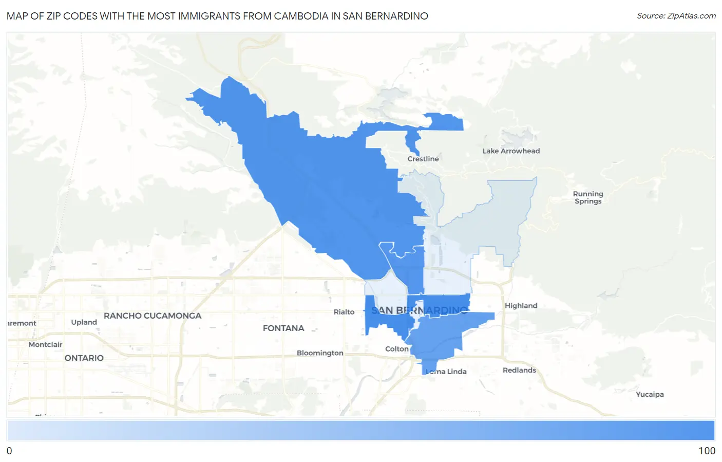 Zip Codes with the Most Immigrants from Cambodia in San Bernardino Map