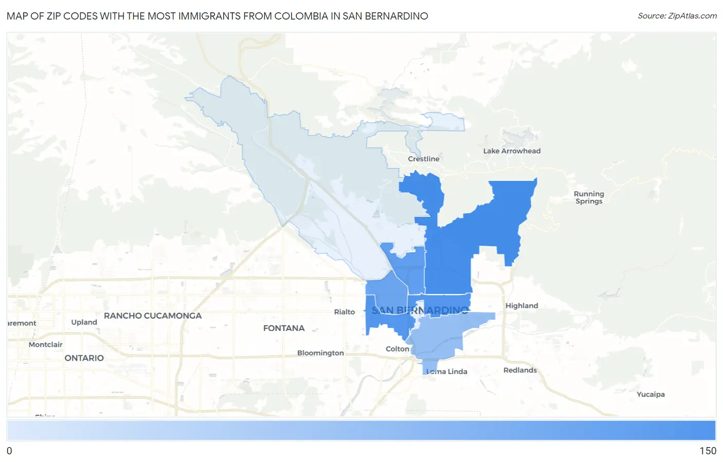 Zip Codes with the Most Immigrants from Colombia in San Bernardino Map