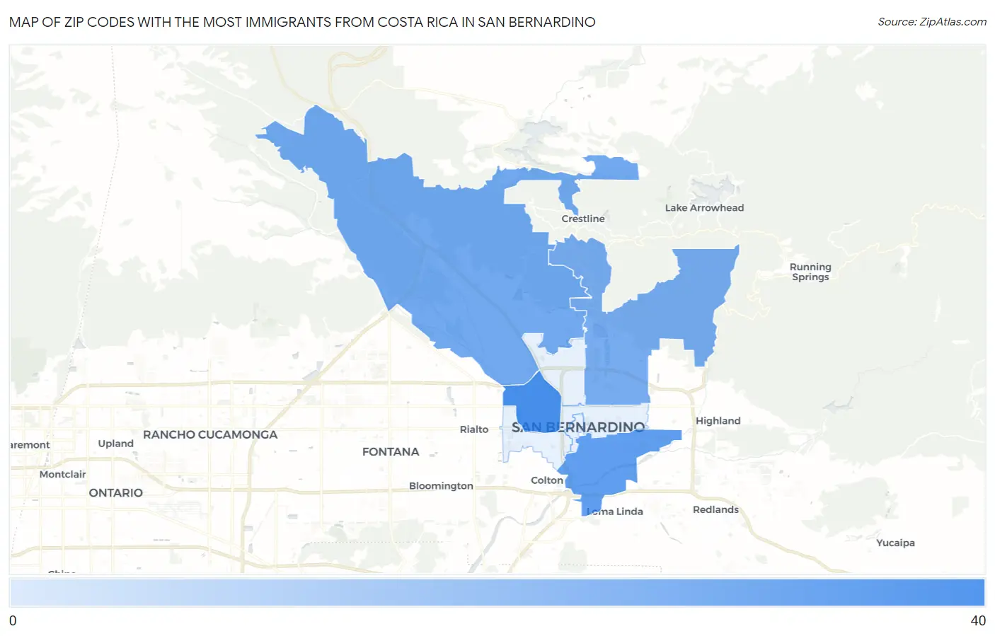 Zip Codes with the Most Immigrants from Costa Rica in San Bernardino Map