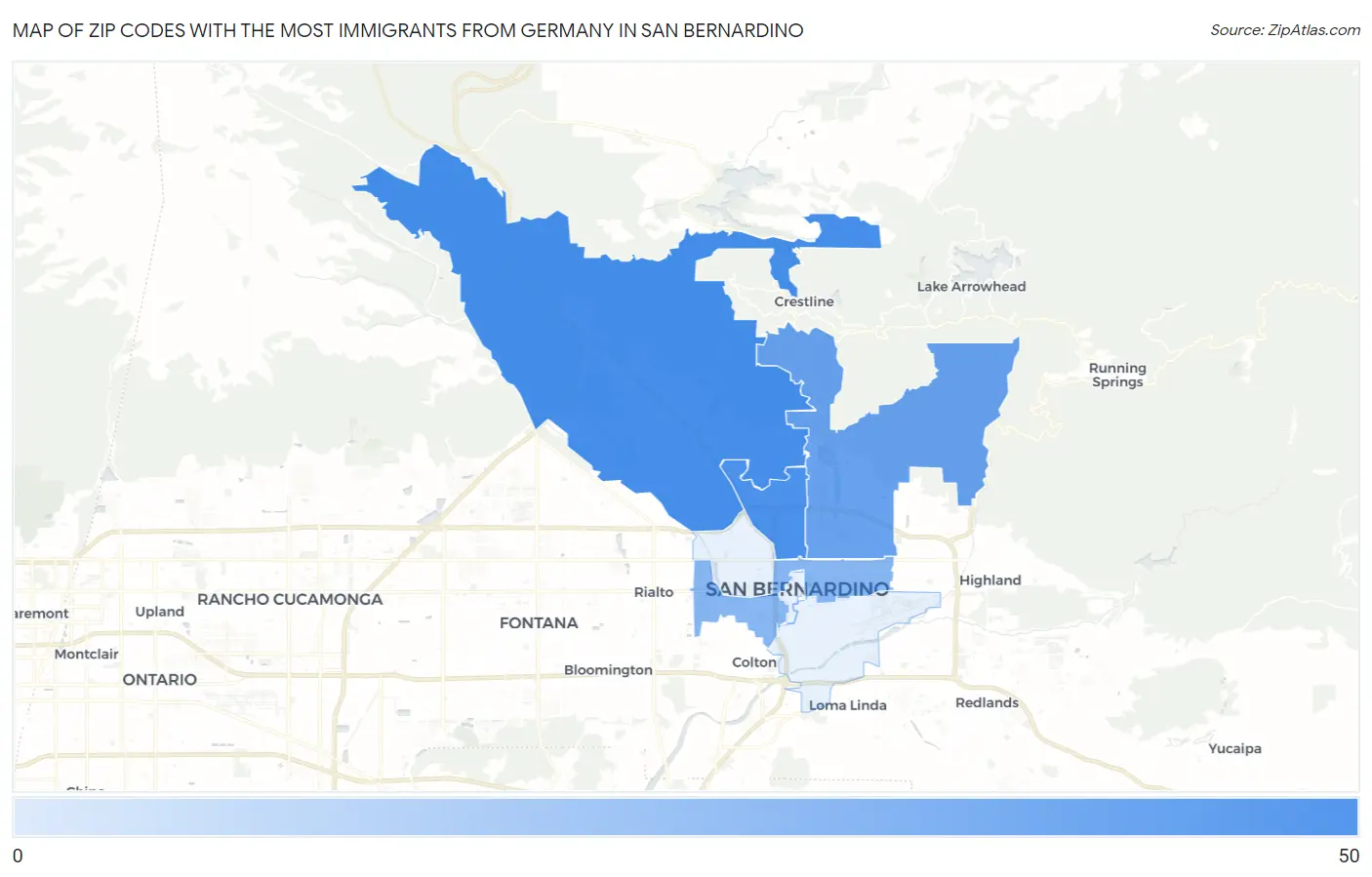 Zip Codes with the Most Immigrants from Germany in San Bernardino Map