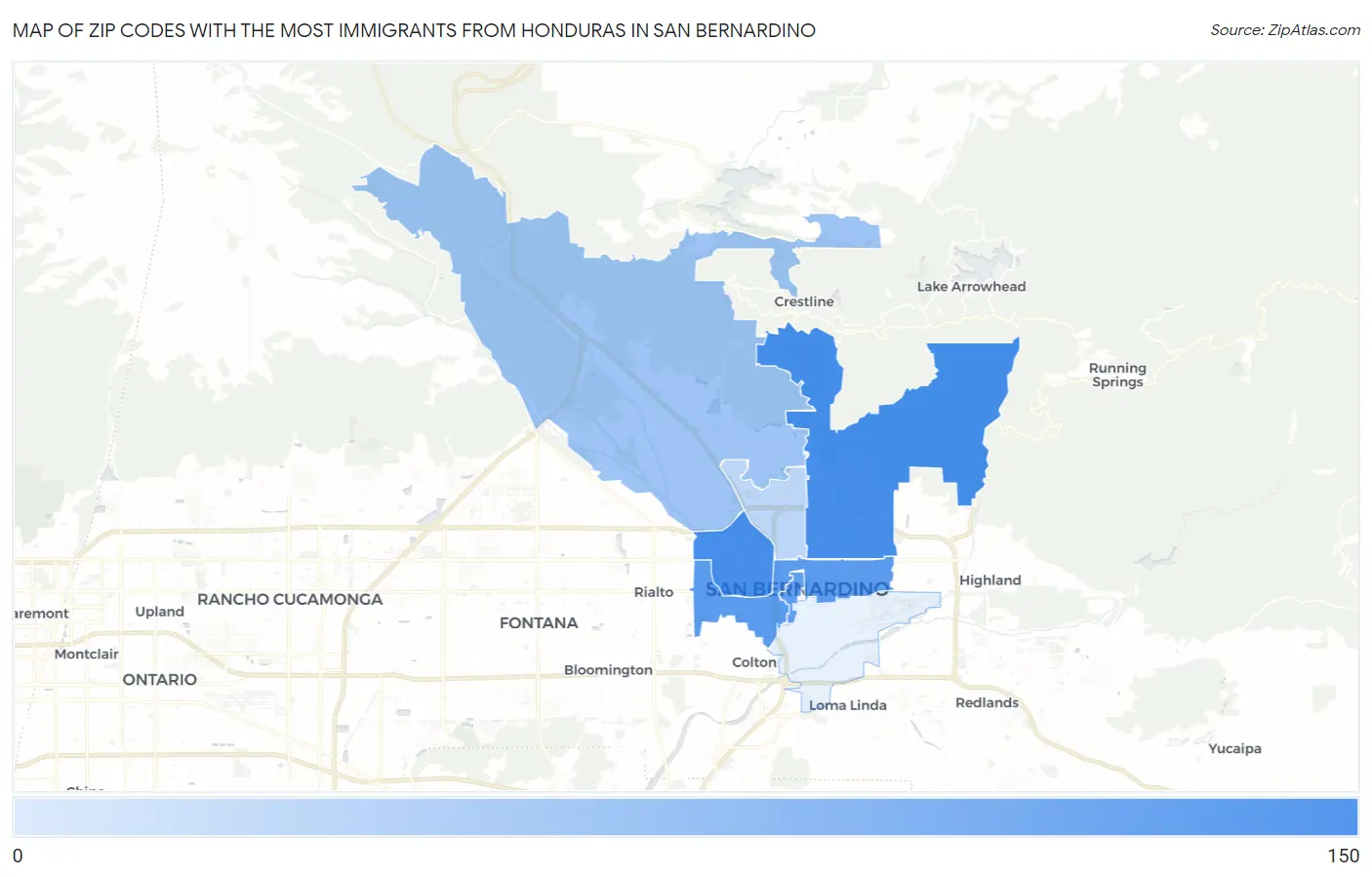 Zip Codes with the Most Immigrants from Honduras in San Bernardino Map