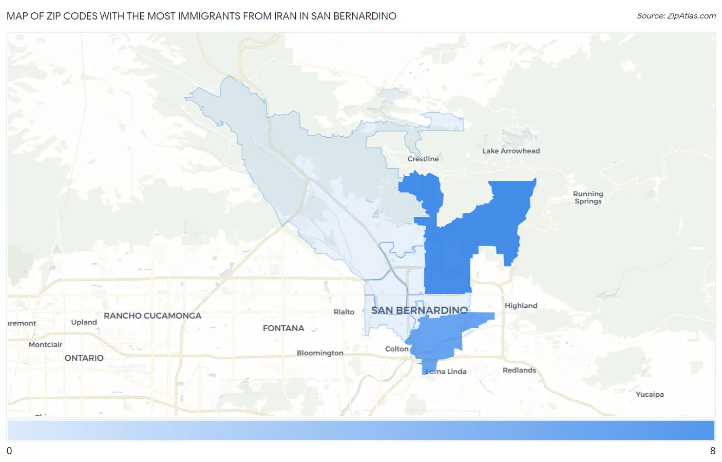 Zip Codes with the Most Immigrants from Iran in San Bernardino Map