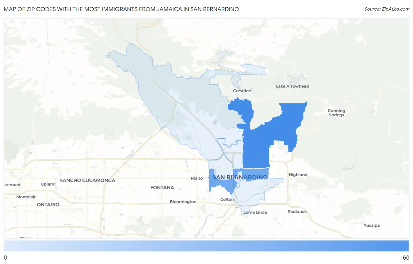 Zip Codes with the Most Immigrants from Jamaica in San Bernardino Map