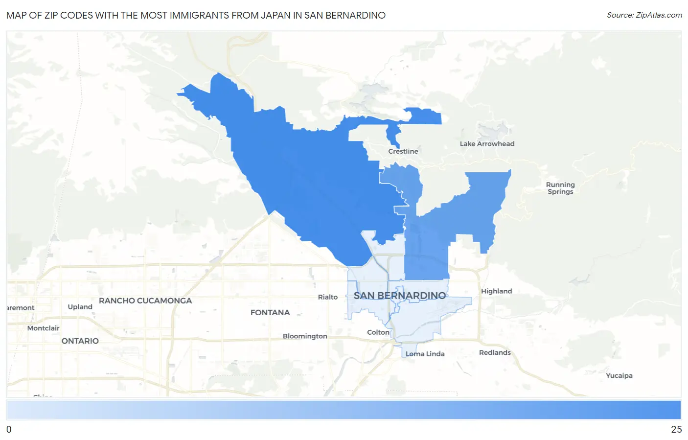 Zip Codes with the Most Immigrants from Japan in San Bernardino Map