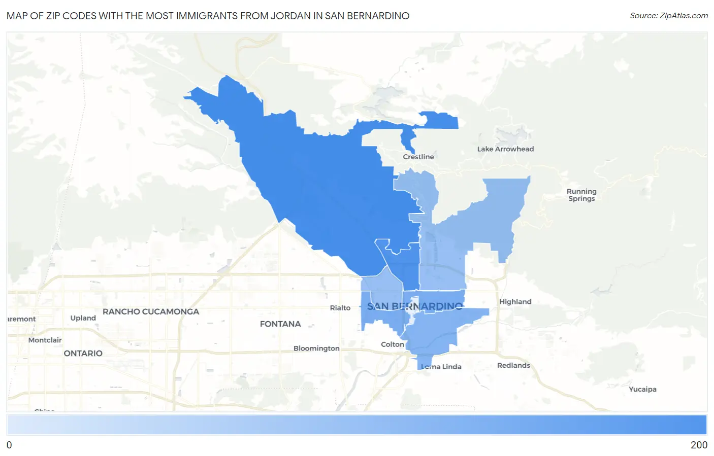 Zip Codes with the Most Immigrants from Jordan in San Bernardino Map