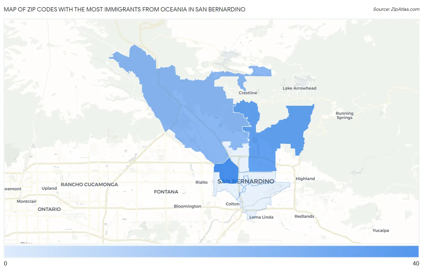 Zip Codes with the Most Immigrants from Oceania in San Bernardino Map