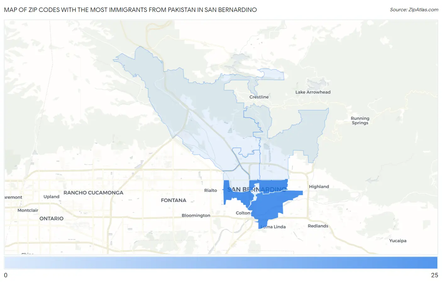 Zip Codes with the Most Immigrants from Pakistan in San Bernardino Map