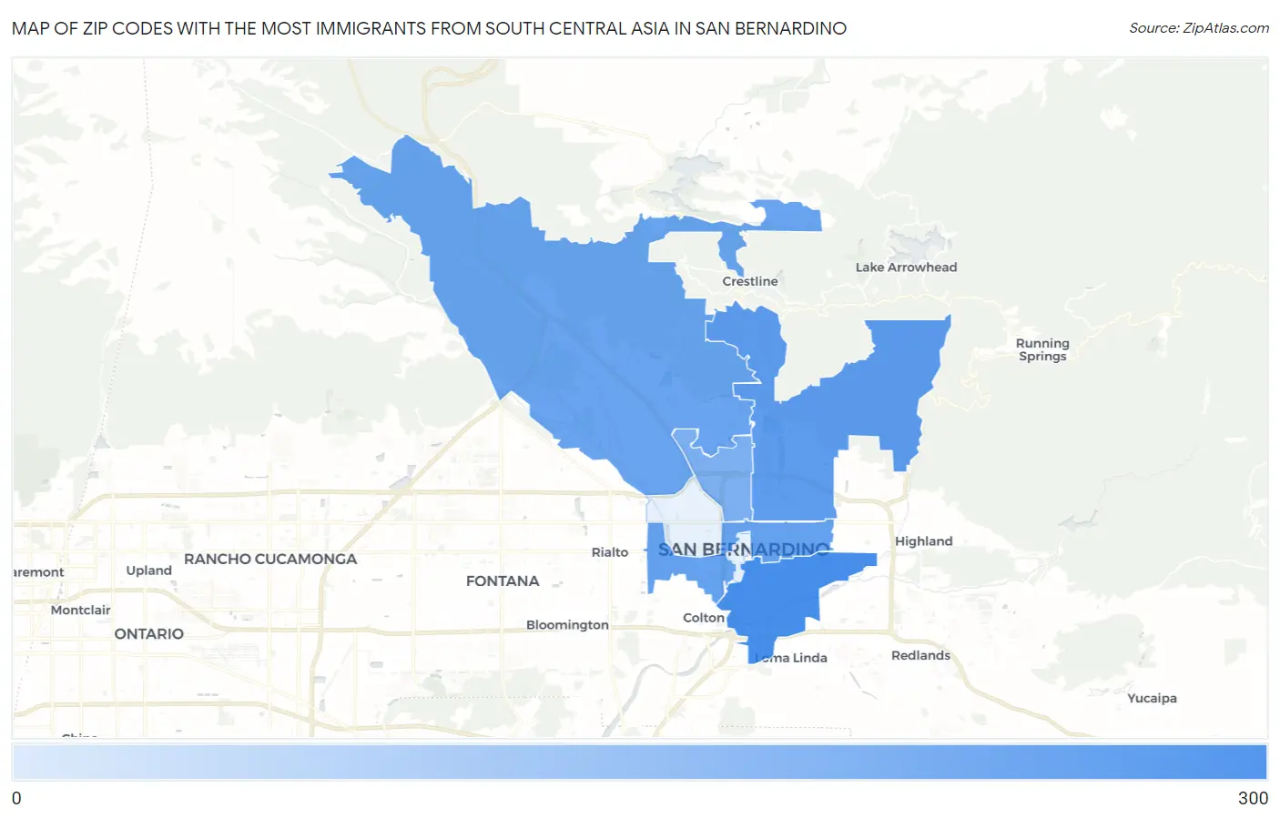 Zip Codes with the Most Immigrants from South Central Asia in San Bernardino Map