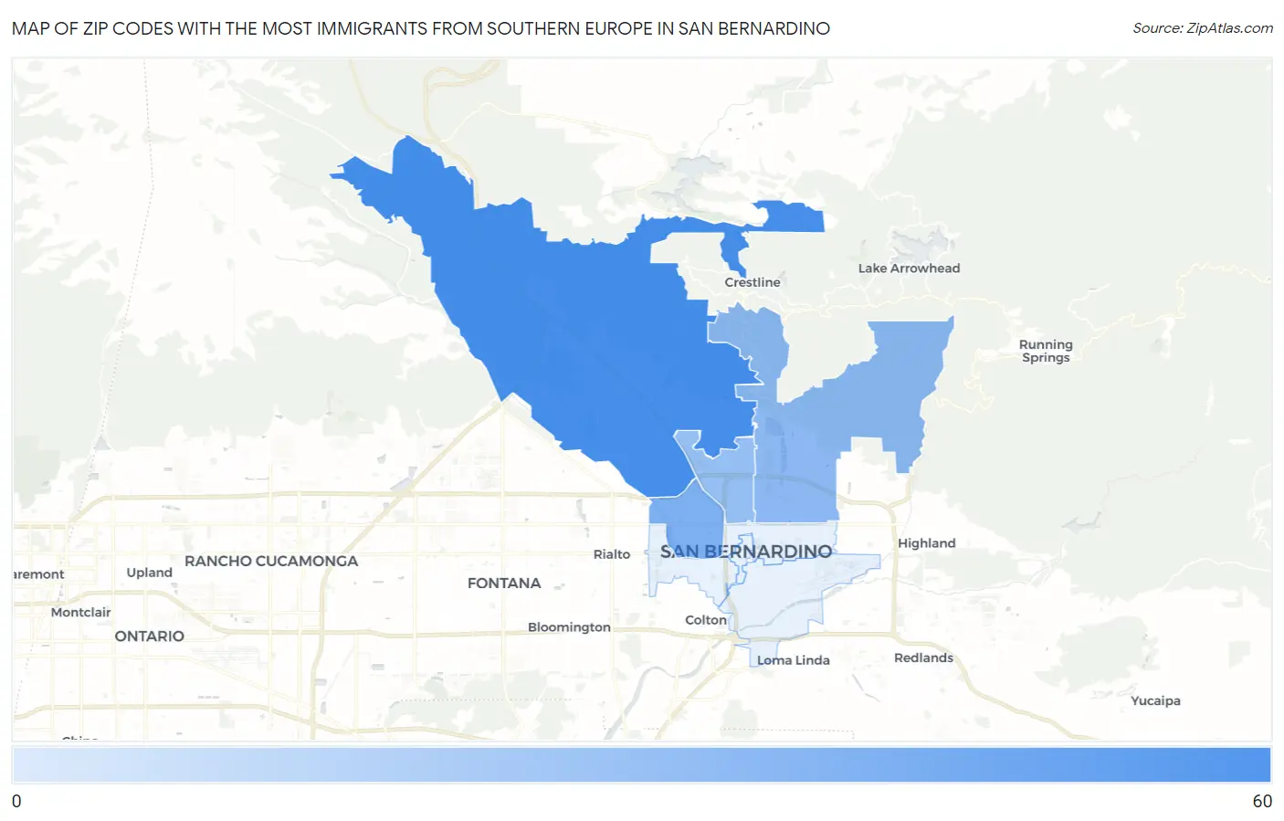 Zip Codes with the Most Immigrants from Southern Europe in San Bernardino Map