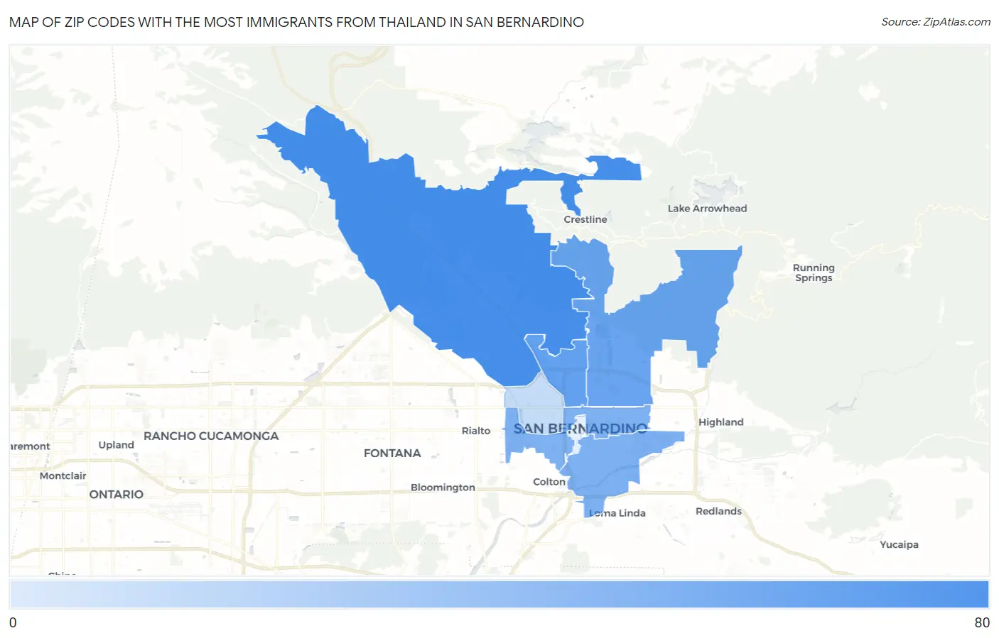 Zip Codes with the Most Immigrants from Thailand in San Bernardino Map