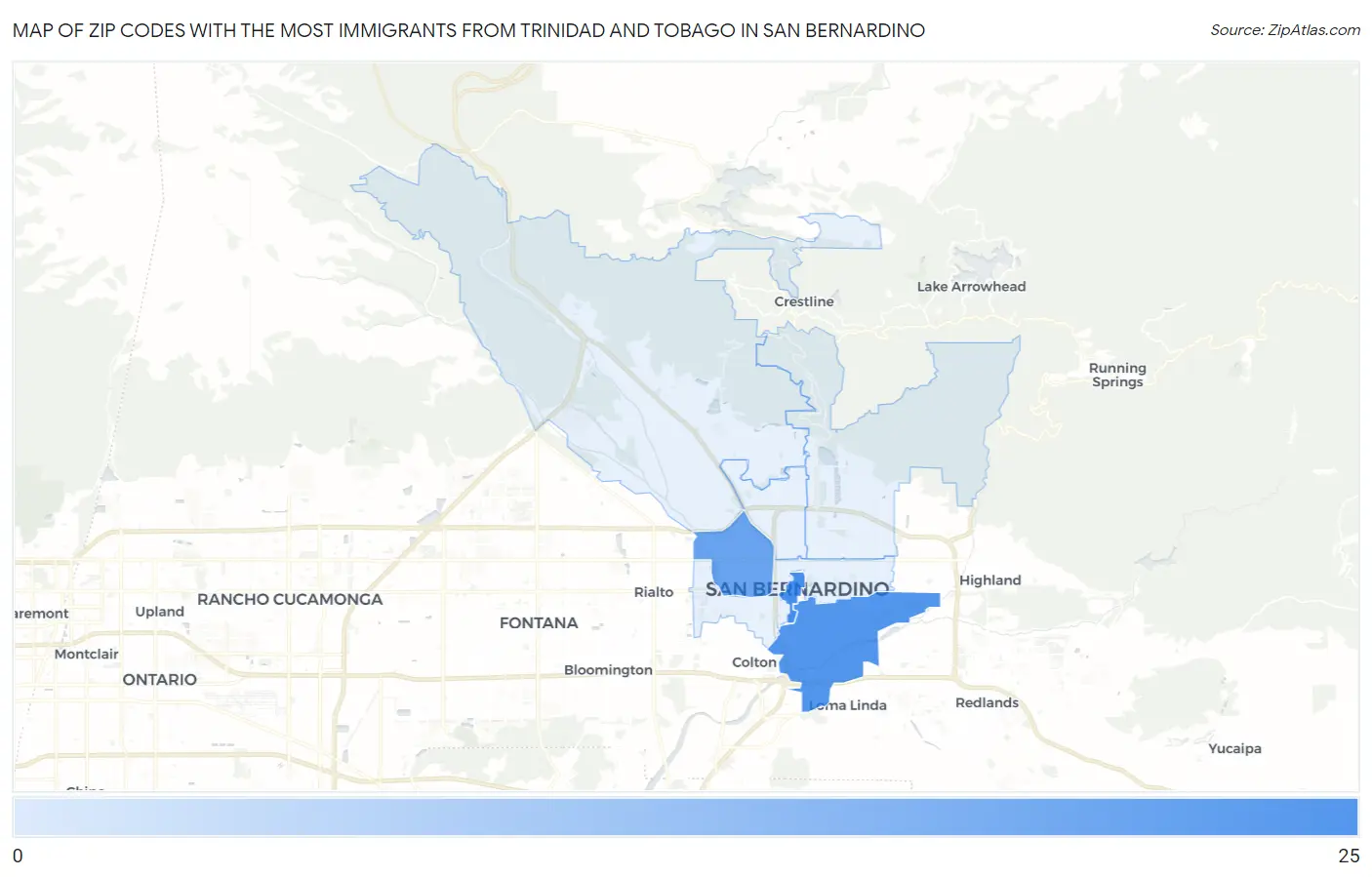 Zip Codes with the Most Immigrants from Trinidad and Tobago in San Bernardino Map