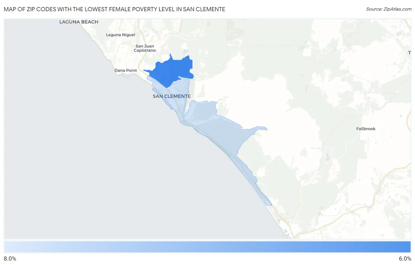 Zip Codes with the Lowest Female Poverty Level in San Clemente Map