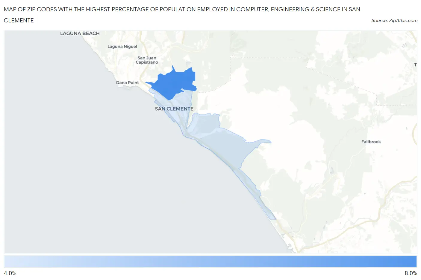 Zip Codes with the Highest Percentage of Population Employed in Computer, Engineering & Science in San Clemente Map