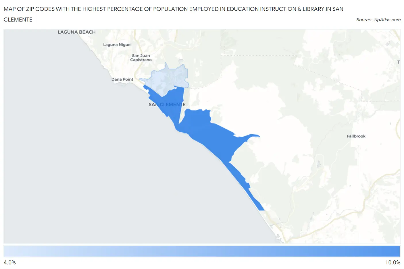 Zip Codes with the Highest Percentage of Population Employed in Education Instruction & Library in San Clemente Map