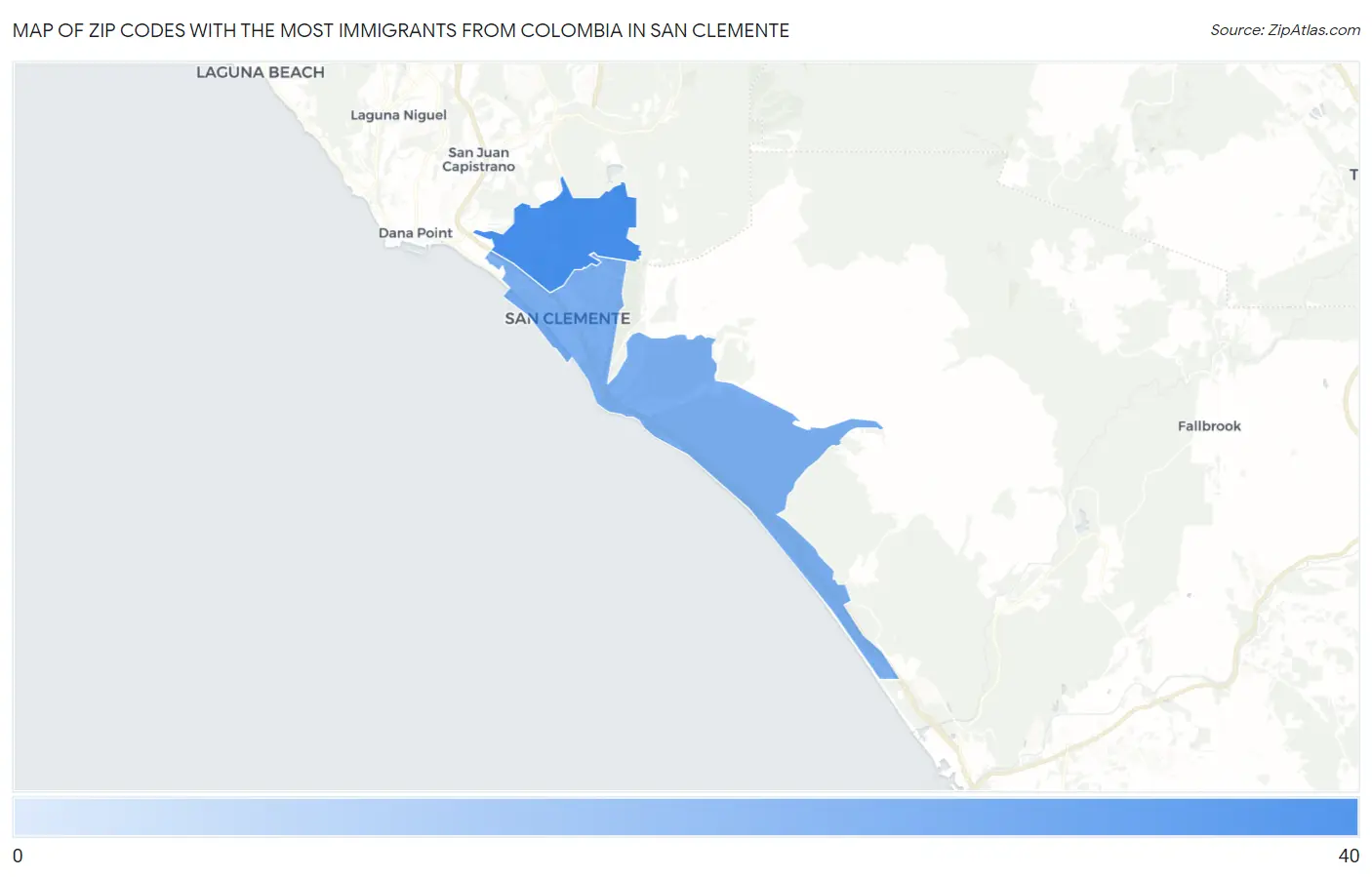 Zip Codes with the Most Immigrants from Colombia in San Clemente Map