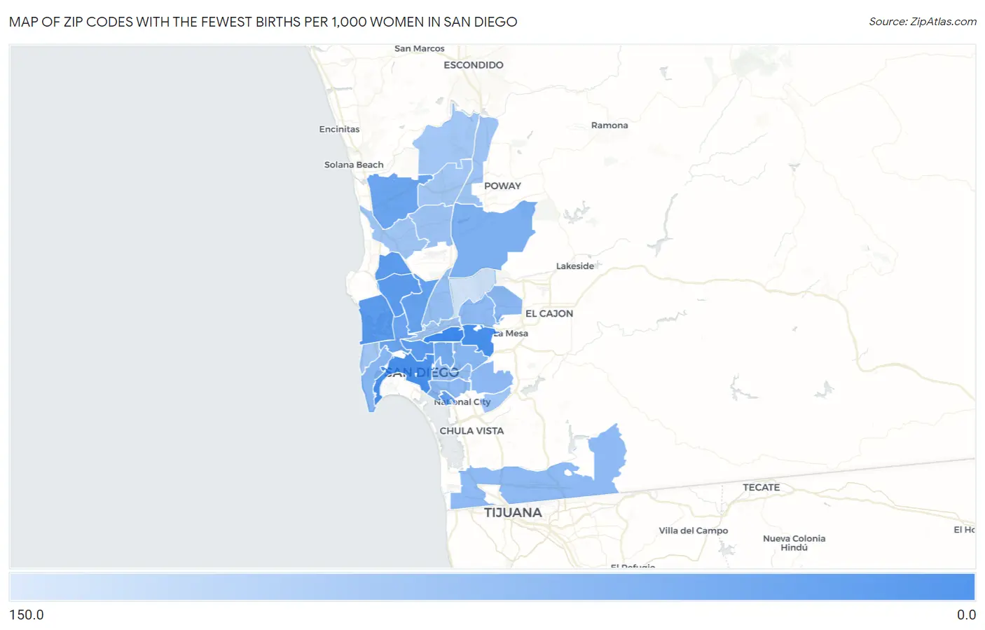 Zip Codes with the Fewest Births per 1,000 Women in San Diego Map