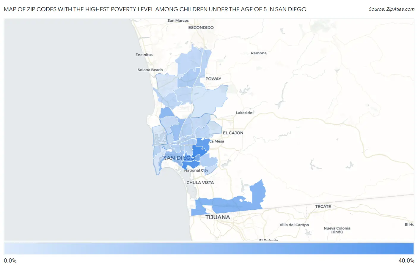 Zip Codes with the Highest Poverty Level Among Children Under the Age of 5 in San Diego Map
