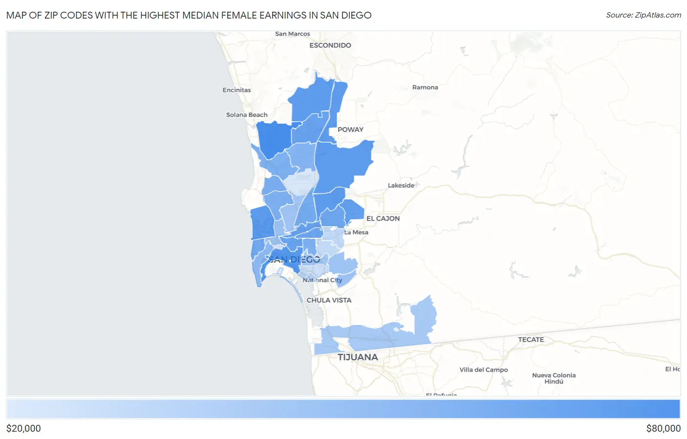 Zip Codes with the Highest Median Female Earnings in San Diego Map