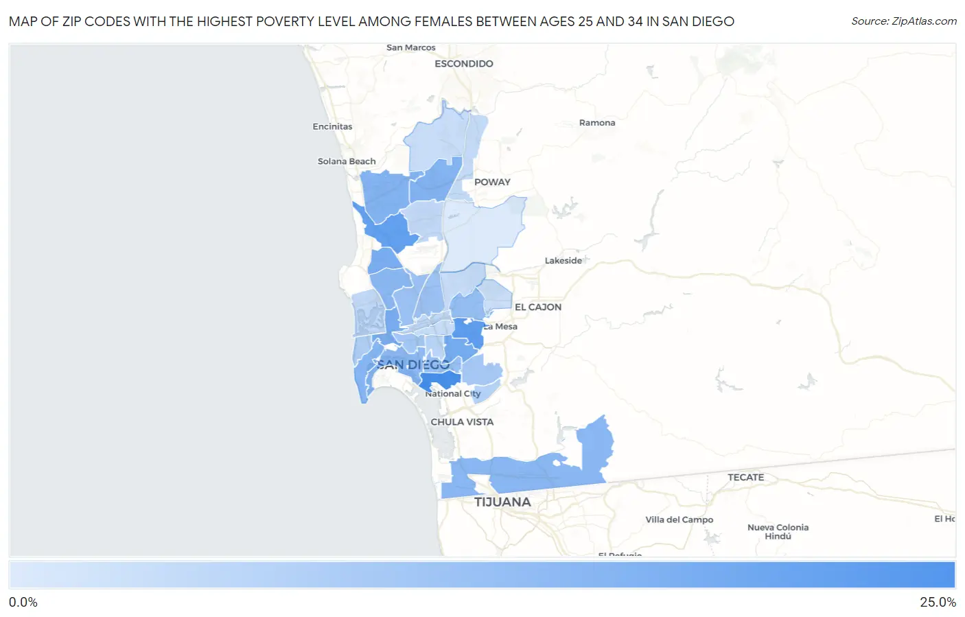 Zip Codes with the Highest Poverty Level Among Females Between Ages 25 and 34 in San Diego Map