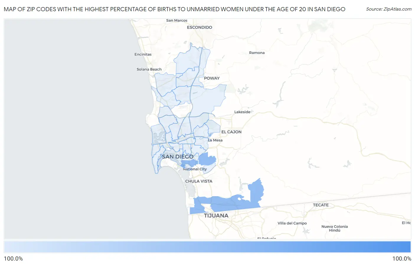 Zip Codes with the Highest Percentage of Births to Unmarried Women under the Age of 20 in San Diego Map