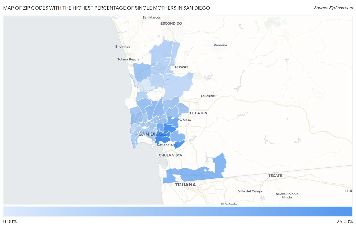 Zip Codes with the Highest Percentage of Single Mothers in San Diego Map