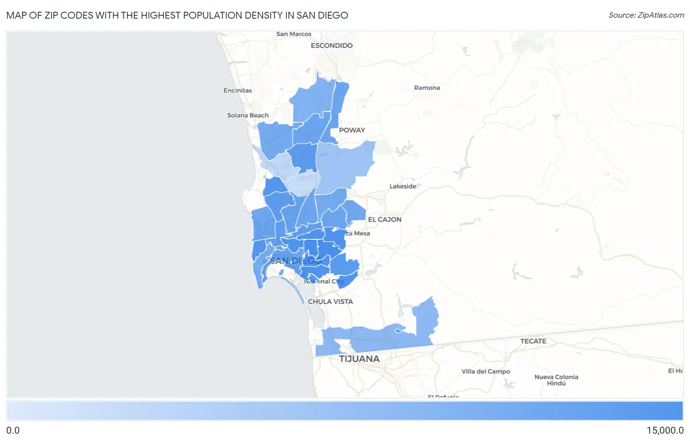 Zip Codes with the Highest Population Density in San Diego Map