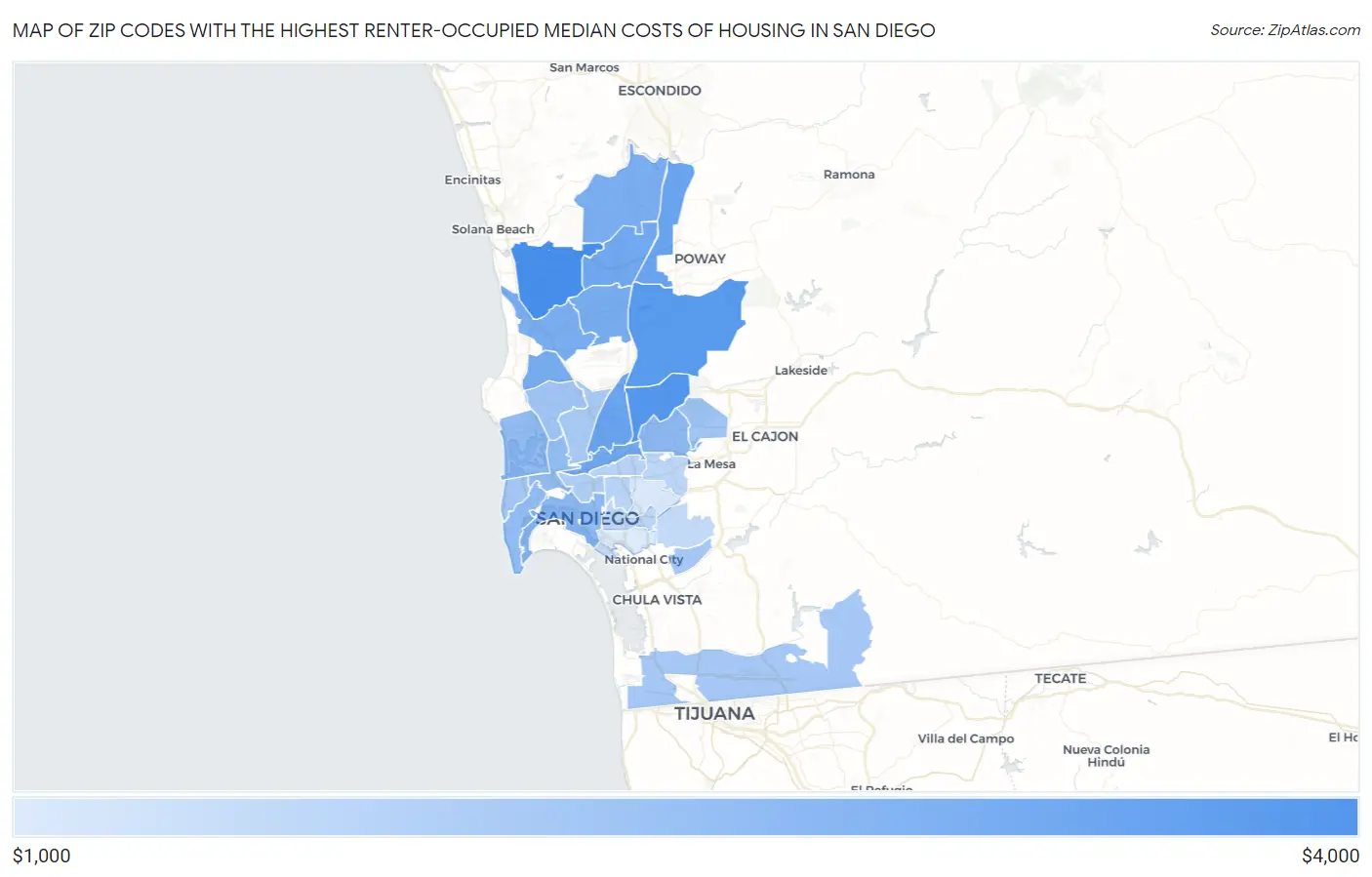 Zip Codes with the Highest Renter-Occupied Median Costs of Housing in San Diego Map