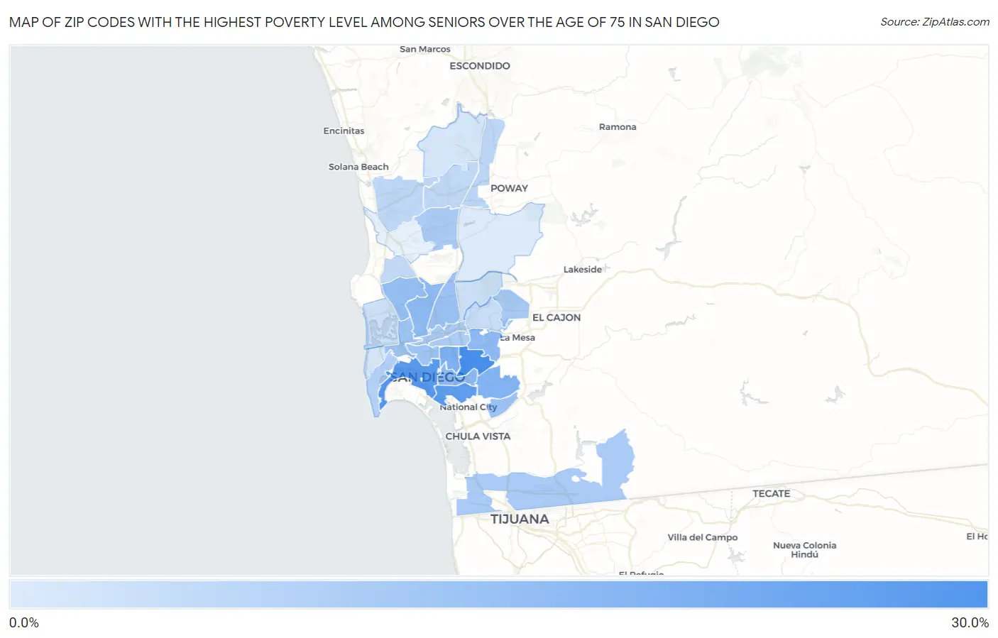 Zip Codes with the Highest Poverty Level Among Seniors Over the Age of 75 in San Diego Map