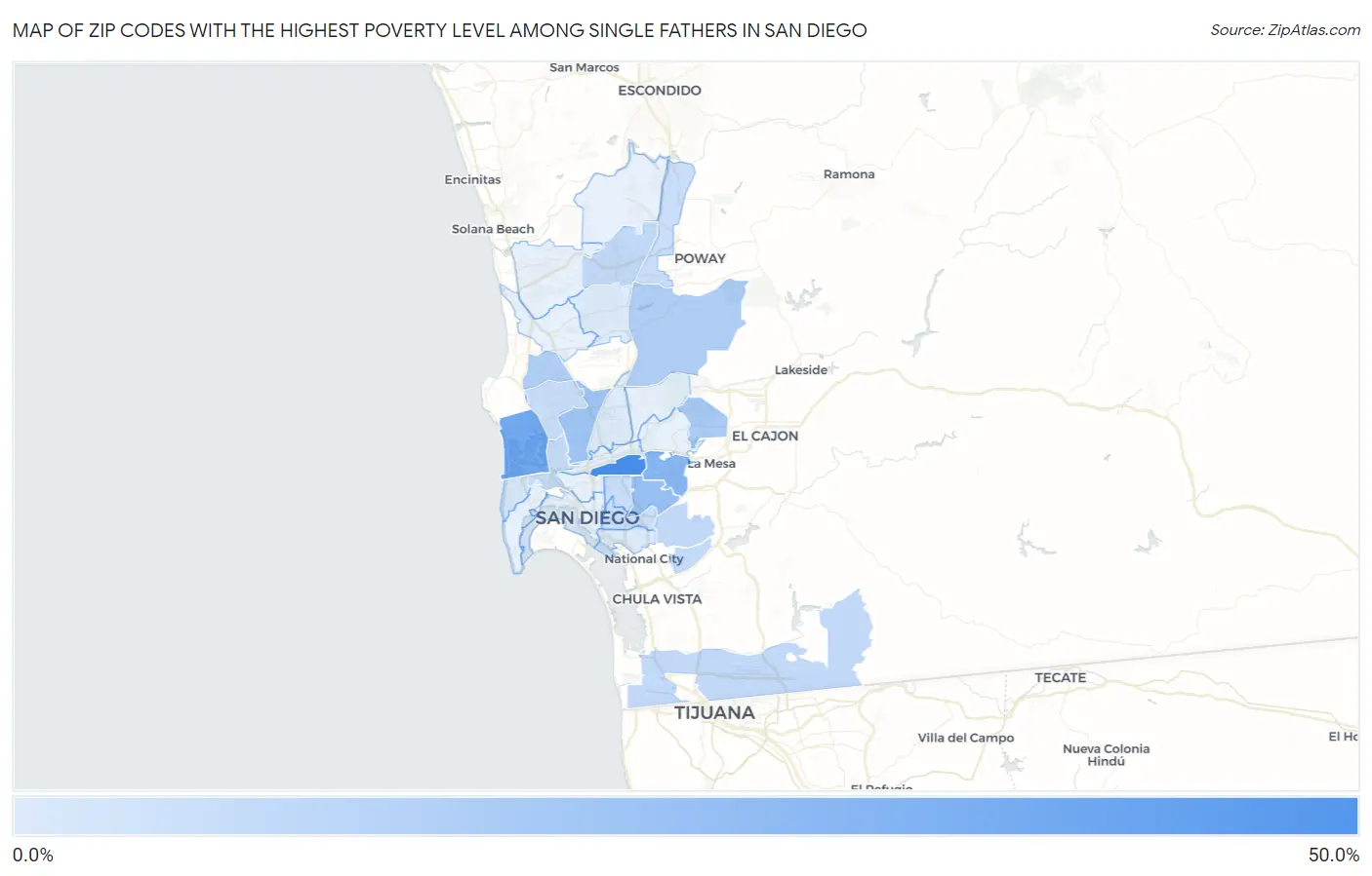 Zip Codes with the Highest Poverty Level Among Single Fathers in San Diego Map