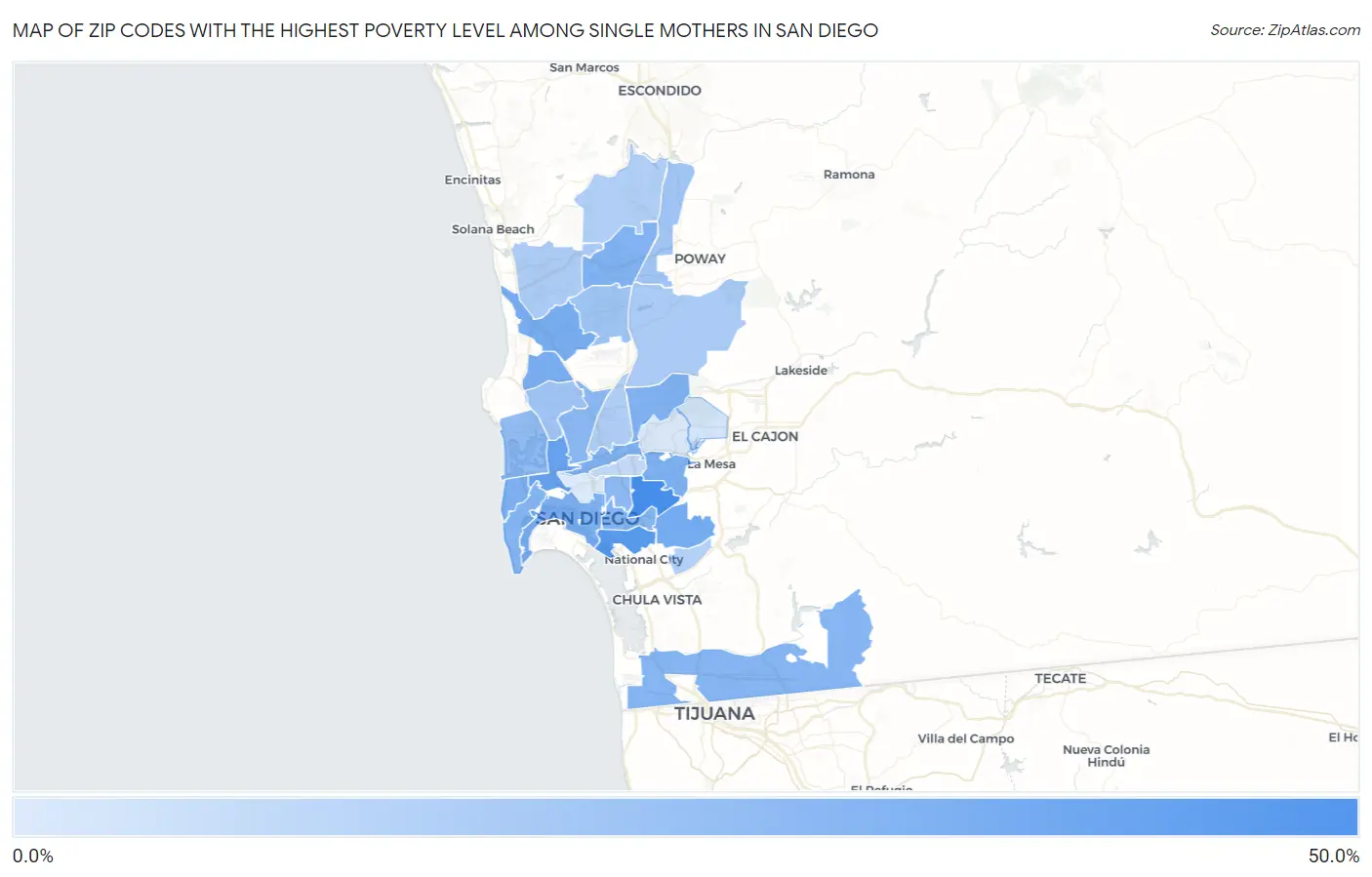 Zip Codes with the Highest Poverty Level Among Single Mothers in San Diego Map